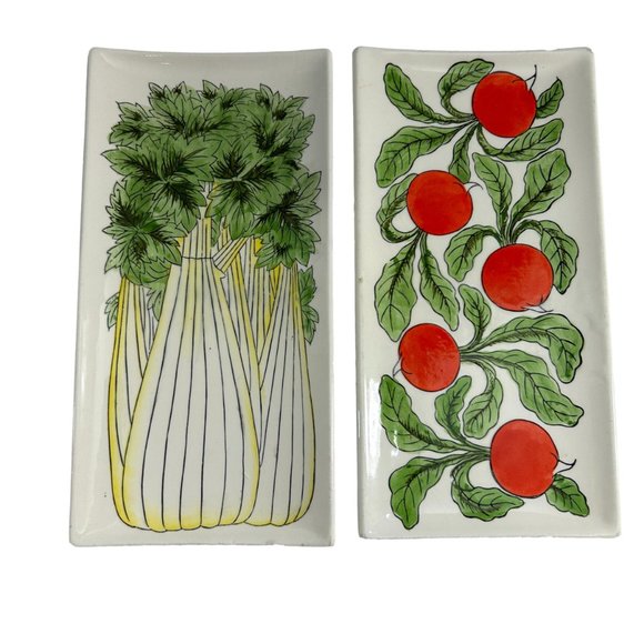 Vtg Lot 2 Vegetable Trays Serving Dishes Celery Radishes Appetizer Plate Ceramic - Picture 9 of 9